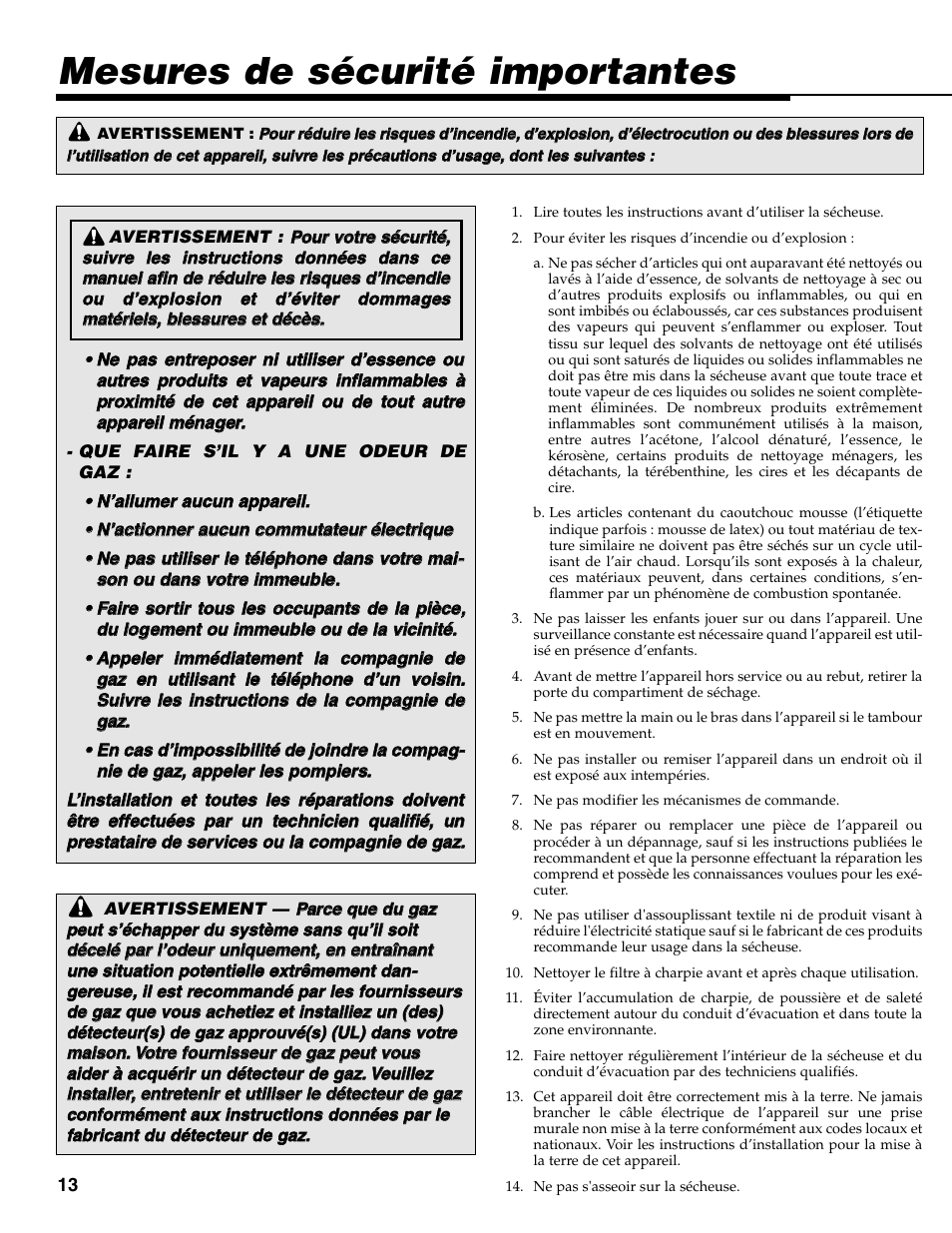 Mesures de sécurité importantes | Maytag MD-31 User Manual | Page 14 / 36