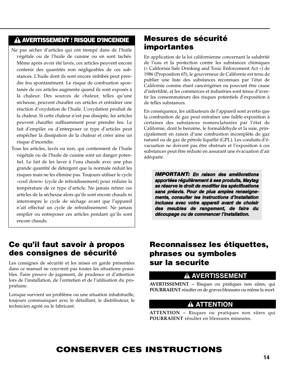 Mesures de sécurité importantes, Conserver ces instructions, Avertissement attention | Avertissement ! risque d’incendie | Maytag MD-31 User Manual | Page 15 / 36