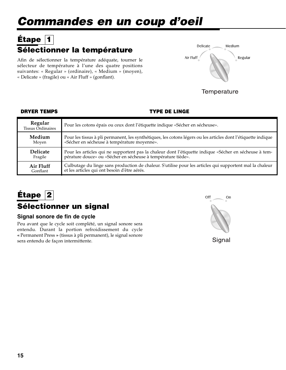 Commandes en un coup d’oeil, Sélectionner la température, Sélectionner un signal | Étape 1 étape 2 | Maytag MD-31 User Manual | Page 16 / 36