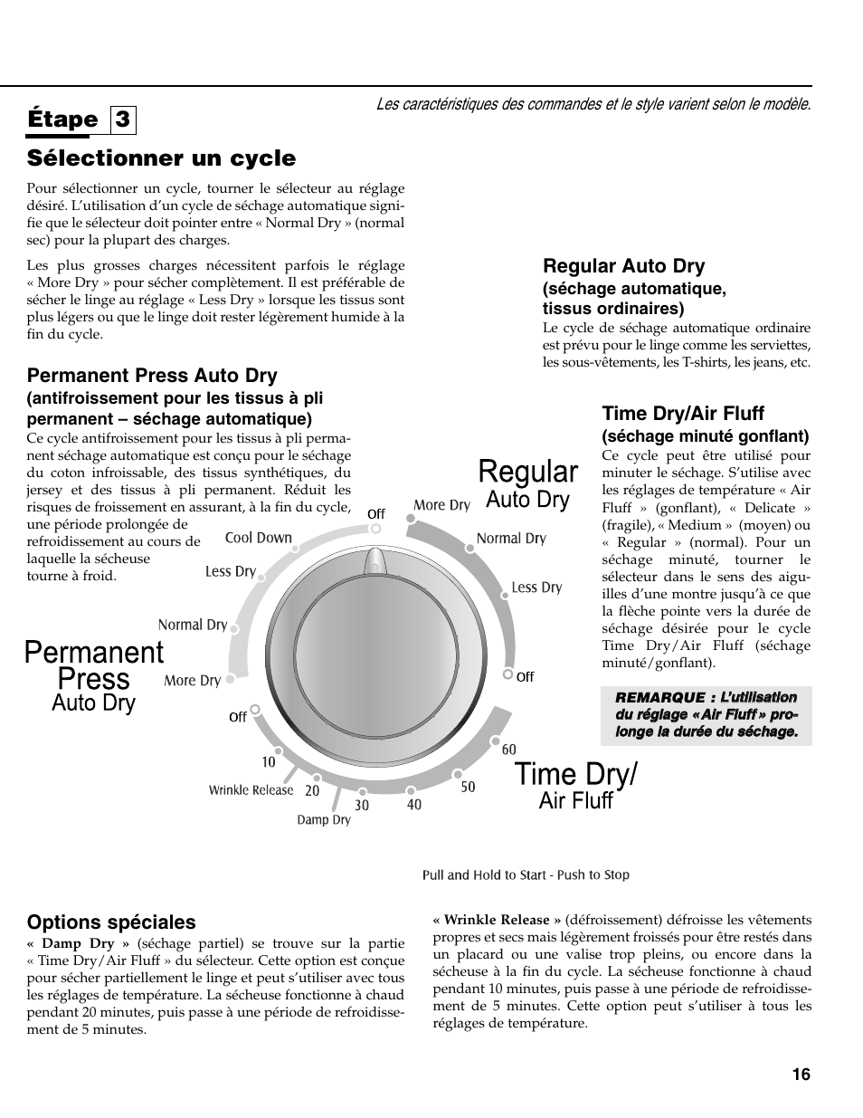 Sélectionner un cycle, Étape 3, Options spéciales | Regular auto dry, Permanent press auto dry, Time dry/air fluff | Maytag MD-31 User Manual | Page 17 / 36