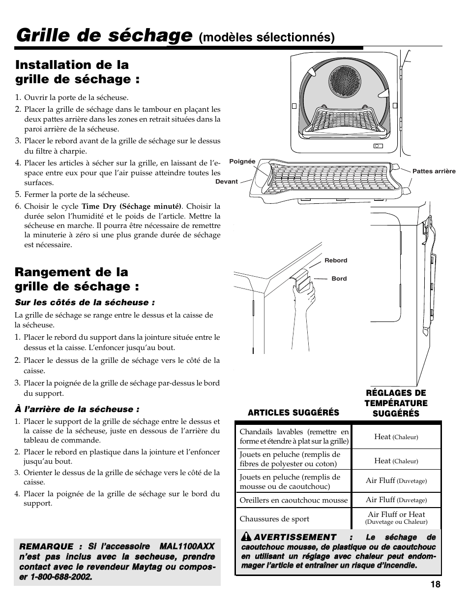 Grille de séchage, Installation de la grille de séchage | Maytag MD-31 User Manual | Page 19 / 36