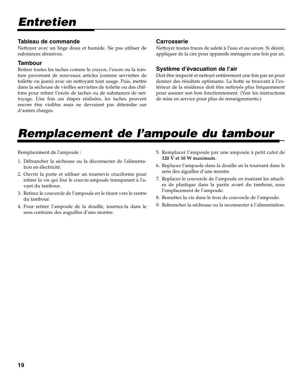 Remplacement de l’ampoule du tambour, Entretien | Maytag MD-31 User Manual | Page 20 / 36