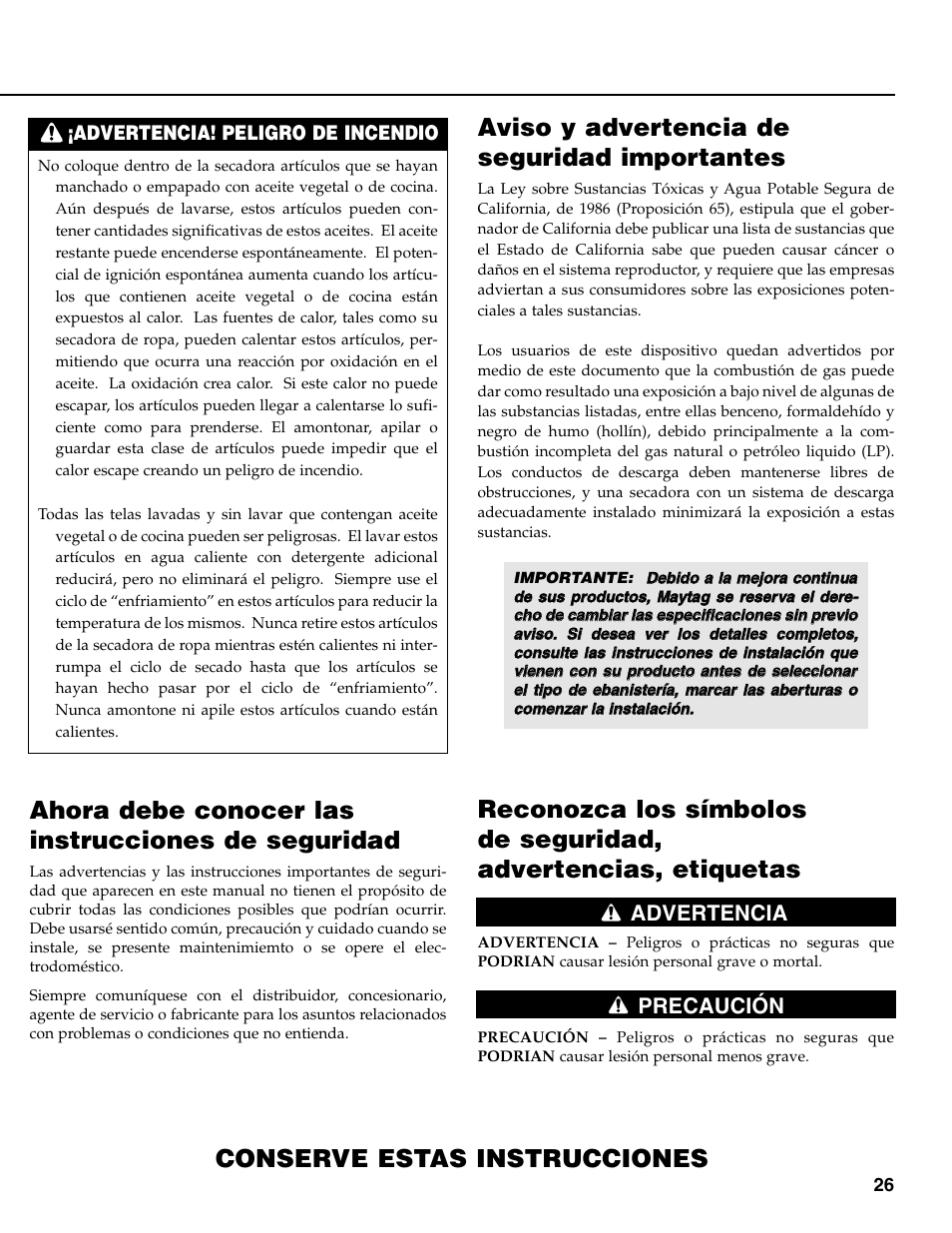 Aviso y advertencia de seguridad importantes, Conserve estas instrucciones, Ahora debe conocer las instrucciones de seguridad | Advertencia precaución, Advertencia! peligro de incendio | Maytag MD-31 User Manual | Page 27 / 36