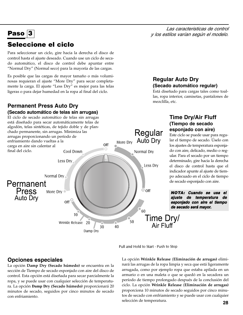 Seleccione el ciclo, Paso 3, Opciones especiales | Regular auto dry, Permanent press auto dry, Time dry/air fluff | Maytag MD-31 User Manual | Page 29 / 36