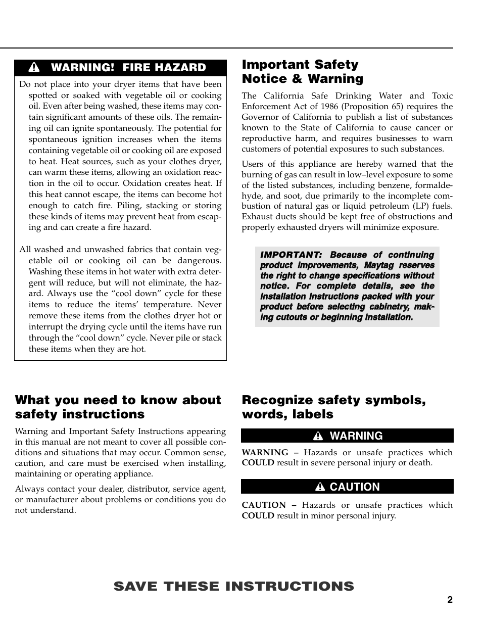 Important safety notice & warning, Save these instructions, Recognize safety symbols, words, labels | What you need to know about safety instructions, Warning! fire hazard, Warning caution | Maytag MD-31 User Manual | Page 3 / 36