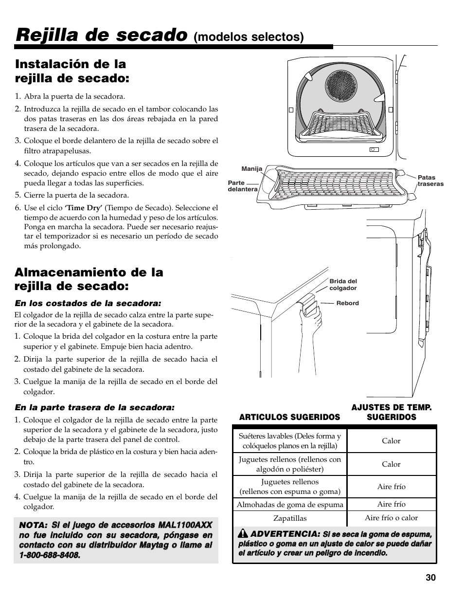 Rejilla de secado, Instalación de la rejilla de secado | Maytag MD-31 User Manual | Page 31 / 36