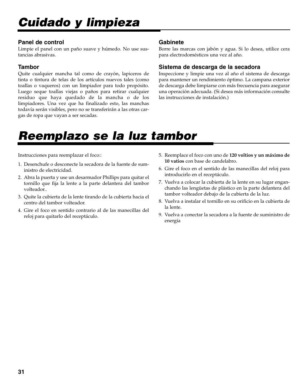 Reemplazo se la luz tambor, Cuidado y limpieza | Maytag MD-31 User Manual | Page 32 / 36