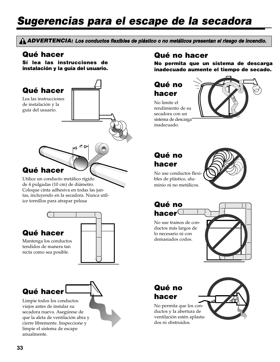 Sugerencias para el escape de la secadora, Qué hacer, Qué no hacer | Maytag MD-31 User Manual | Page 34 / 36