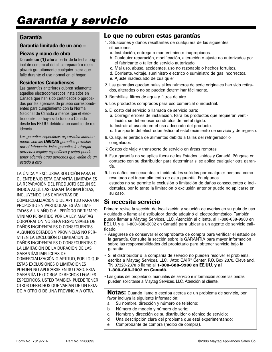 Garantía y servicio, Lo que no cubren estas garantías, Si necesita servicio | Garantía, Notas | Maytag MD-31 User Manual | Page 36 / 36