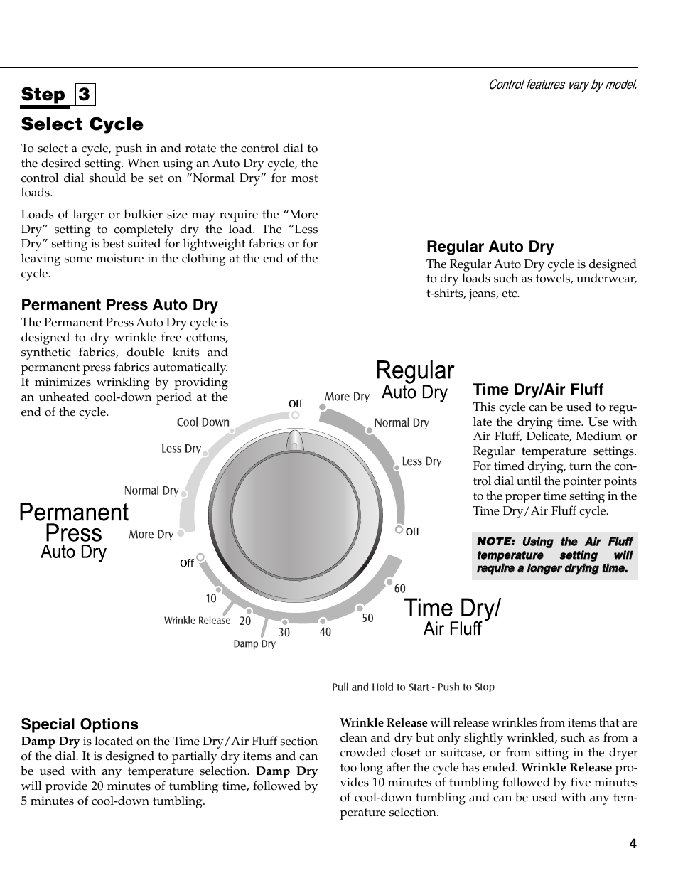Select cycle, Step 3, Special options | Regular auto dry, Permanent press auto dry, Time dry/air fluff | Maytag MD-31 User Manual | Page 5 / 36