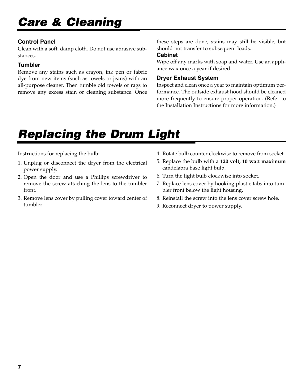 Replacing the drum light, Care & cleaning | Maytag MD-31 User Manual | Page 8 / 36