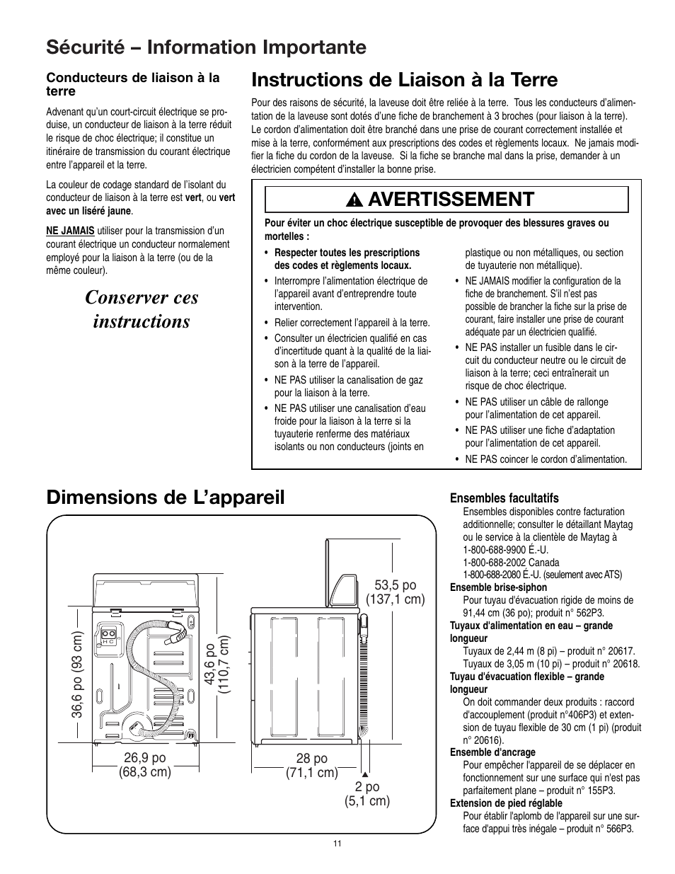 Sécurité – information importante, Dimensions de l’appareil, Avertissement | Maytag 40136001 User Manual | Page 11 / 20