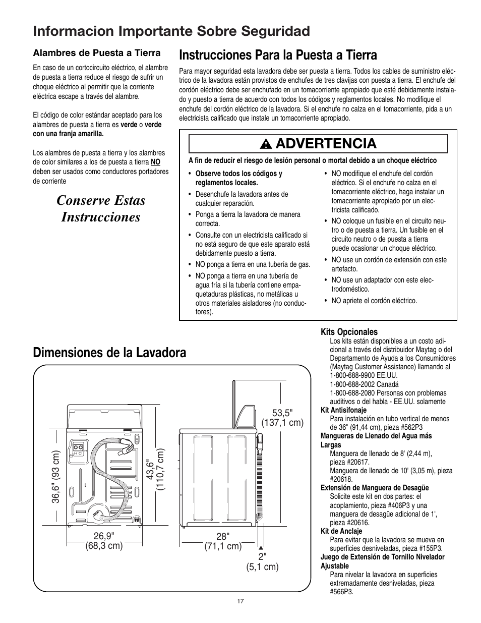 Informacion importante sobre seguridad, Dimensiones de la lavadora, Advertencia | Maytag 40136001 User Manual | Page 17 / 20