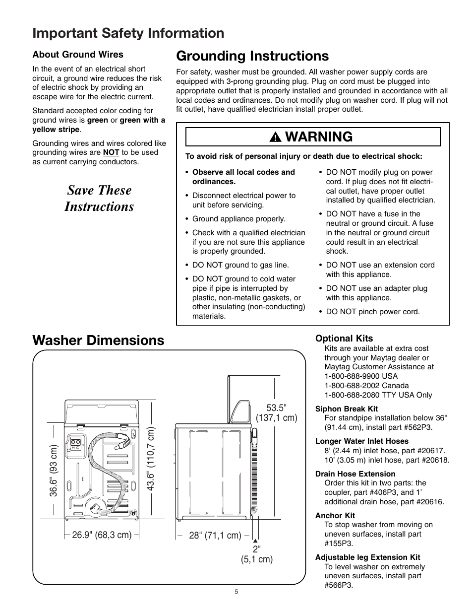 Important safety information, Washer dimensions, Save these instructions grounding instructions | Warning | Maytag 40136001 User Manual | Page 5 / 20