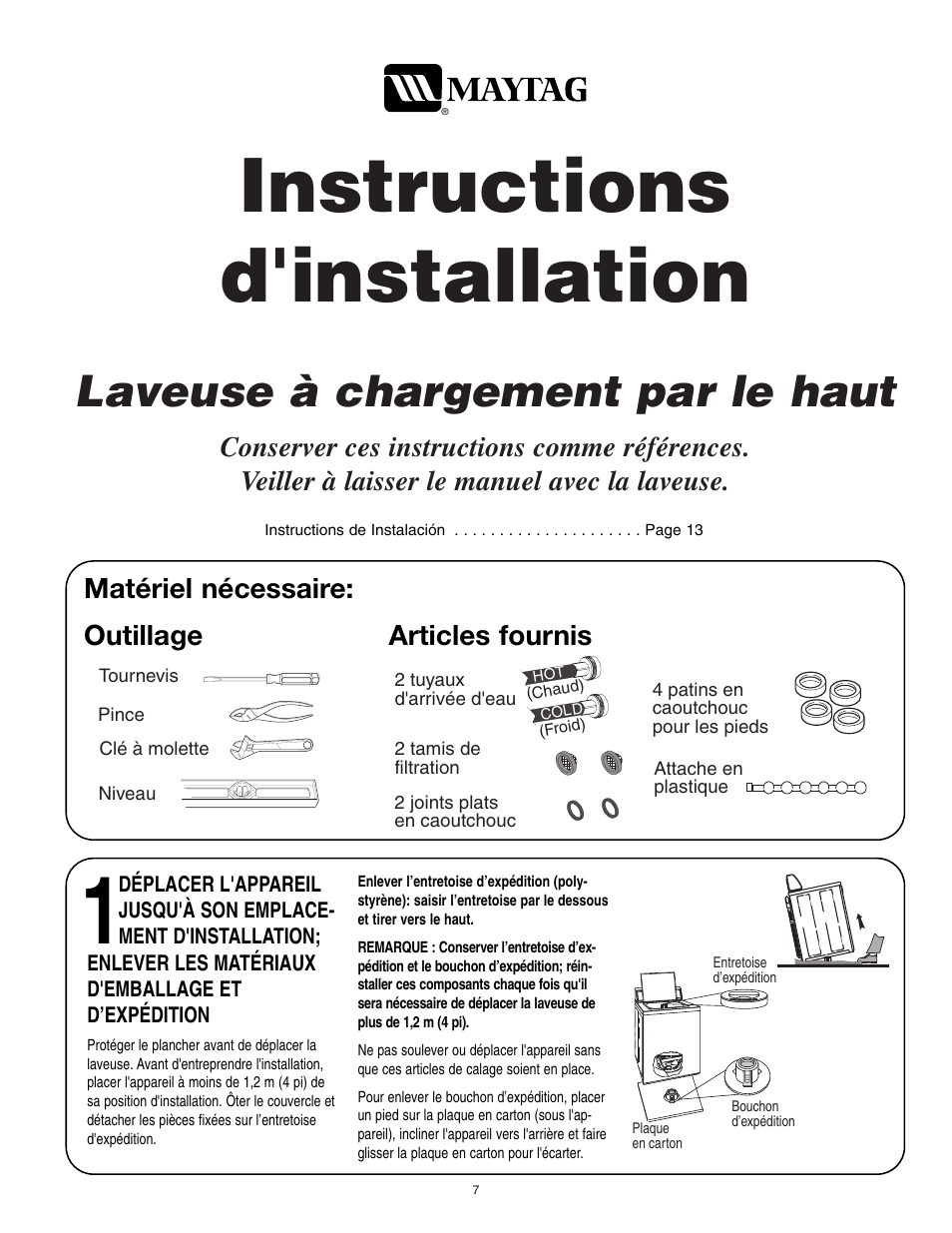 Instructions d'installation, Laveuse à chargement par le haut, Matériel nécessaire | Outillage articles fournis | Maytag 40136001 User Manual | Page 7 / 20