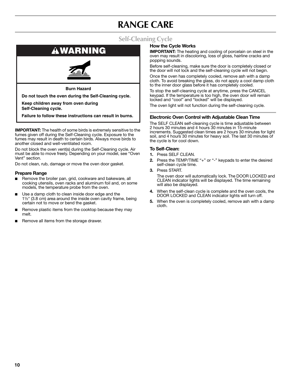 Range care, Warning, Self-cleaning cycle | Maytag W10239458A User Manual | Page 10 / 16