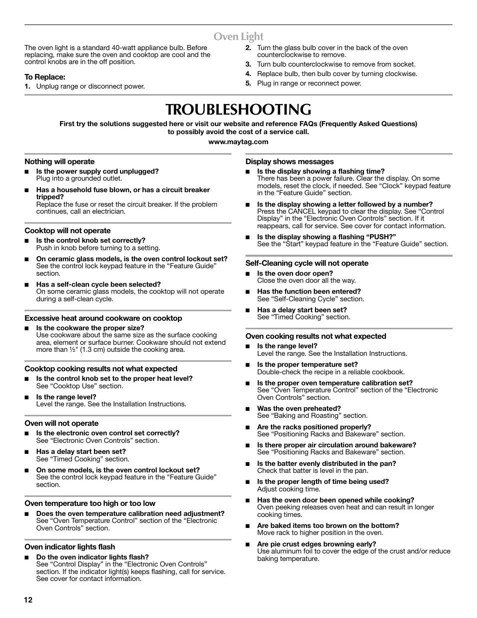 Troubleshooting, Oven light | Maytag W10239458A User Manual | Page 12 / 16