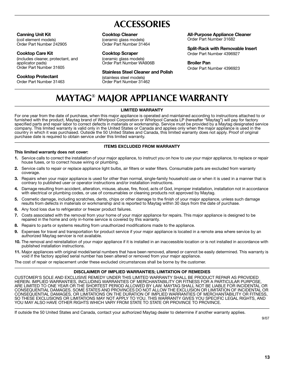 Accessories maytag, Major appliance warranty | Maytag W10239458A User Manual | Page 13 / 16
