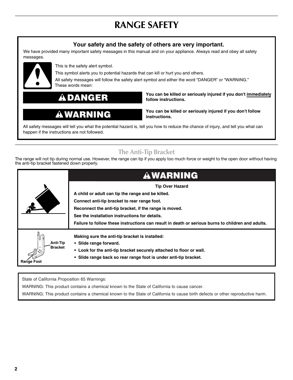 Range safety, Danger warning, Warning | The anti-tip bracket | Maytag W10239458A User Manual | Page 2 / 16