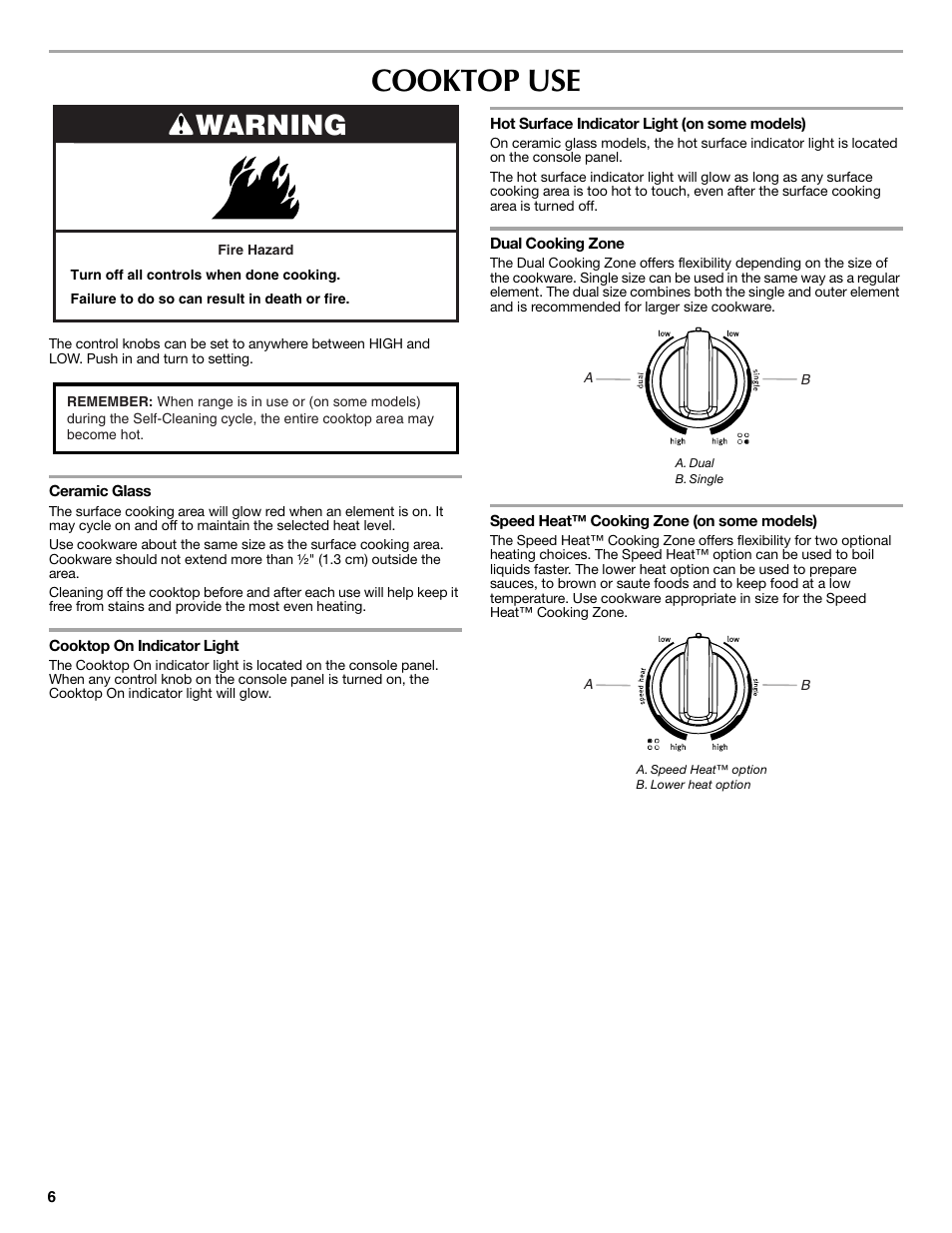 Cooktop use, Warning | Maytag W10239458A User Manual | Page 6 / 16