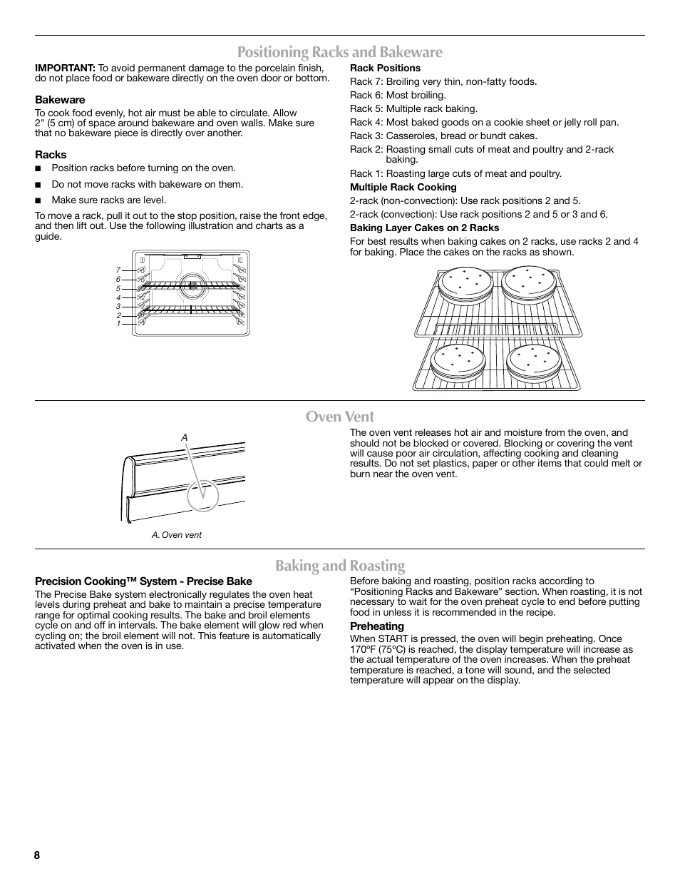 Positioning racks and bakeware, Oven vent, Baking and roasting | Maytag W10239458A User Manual | Page 8 / 16