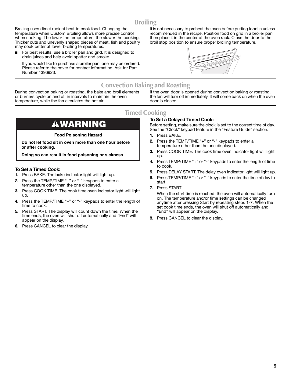 Warning, Broiling, Convection baking and roasting | Timed cooking | Maytag W10239458A User Manual | Page 9 / 16