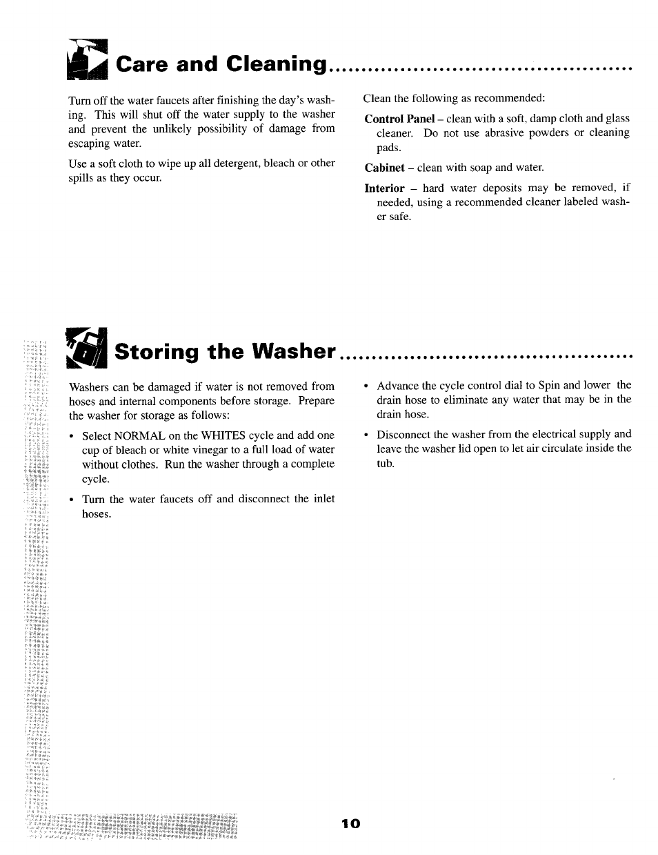 Care and cleaning, Storing the washer | Maytag MAV-5 User Manual | Page 11 / 14