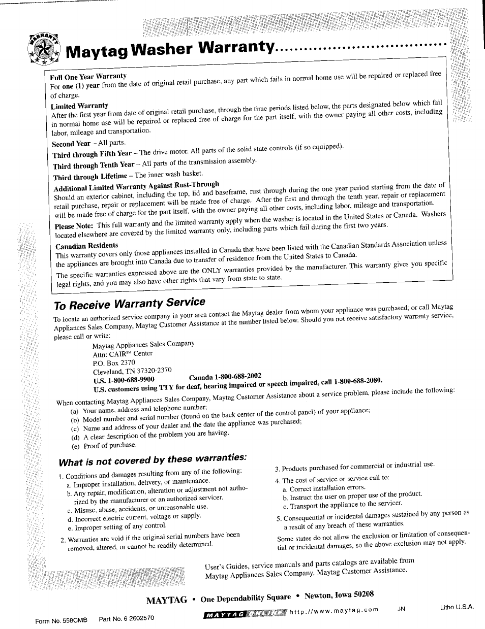 Maytag washer warranty | Maytag MAV-5 User Manual | Page 14 / 14