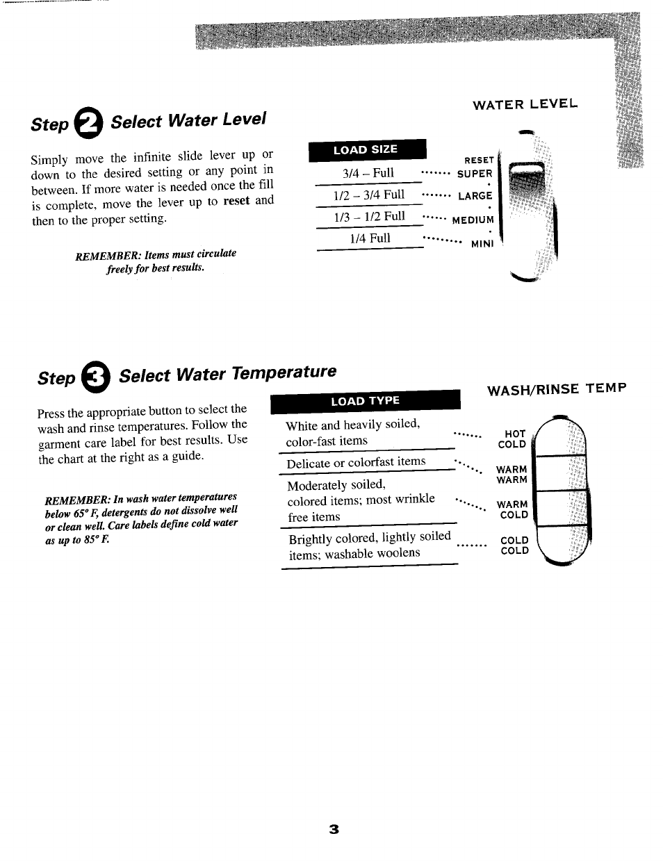 Step q select water level, Step q select water temperature, Wash/rinse temp | Maytag MAV-5 User Manual | Page 4 / 14