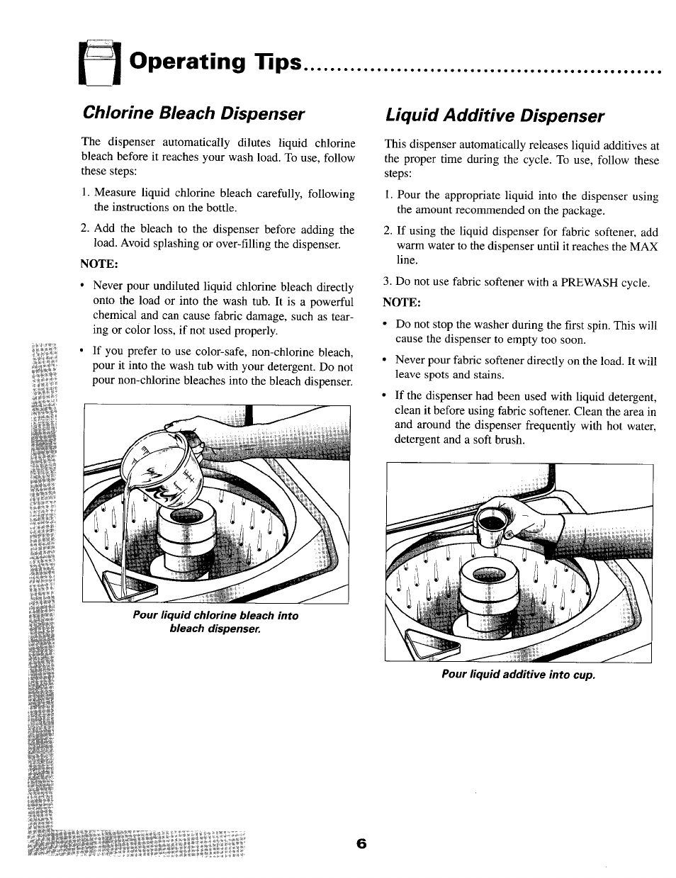 1^^ operating tips, Chlorine bleach dispenser, Liquid additive dispenser | Operating tips -7 | Maytag MAV-5 User Manual | Page 7 / 14