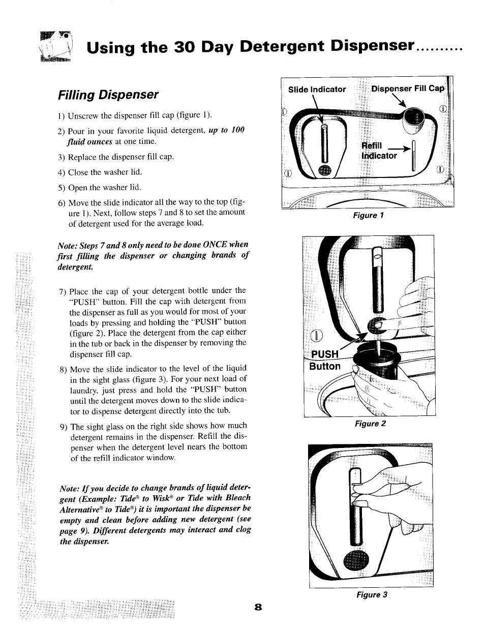 Using the 30 day detergent dispenser, Filling dispenser | Maytag MAV-5 User Manual | Page 9 / 14