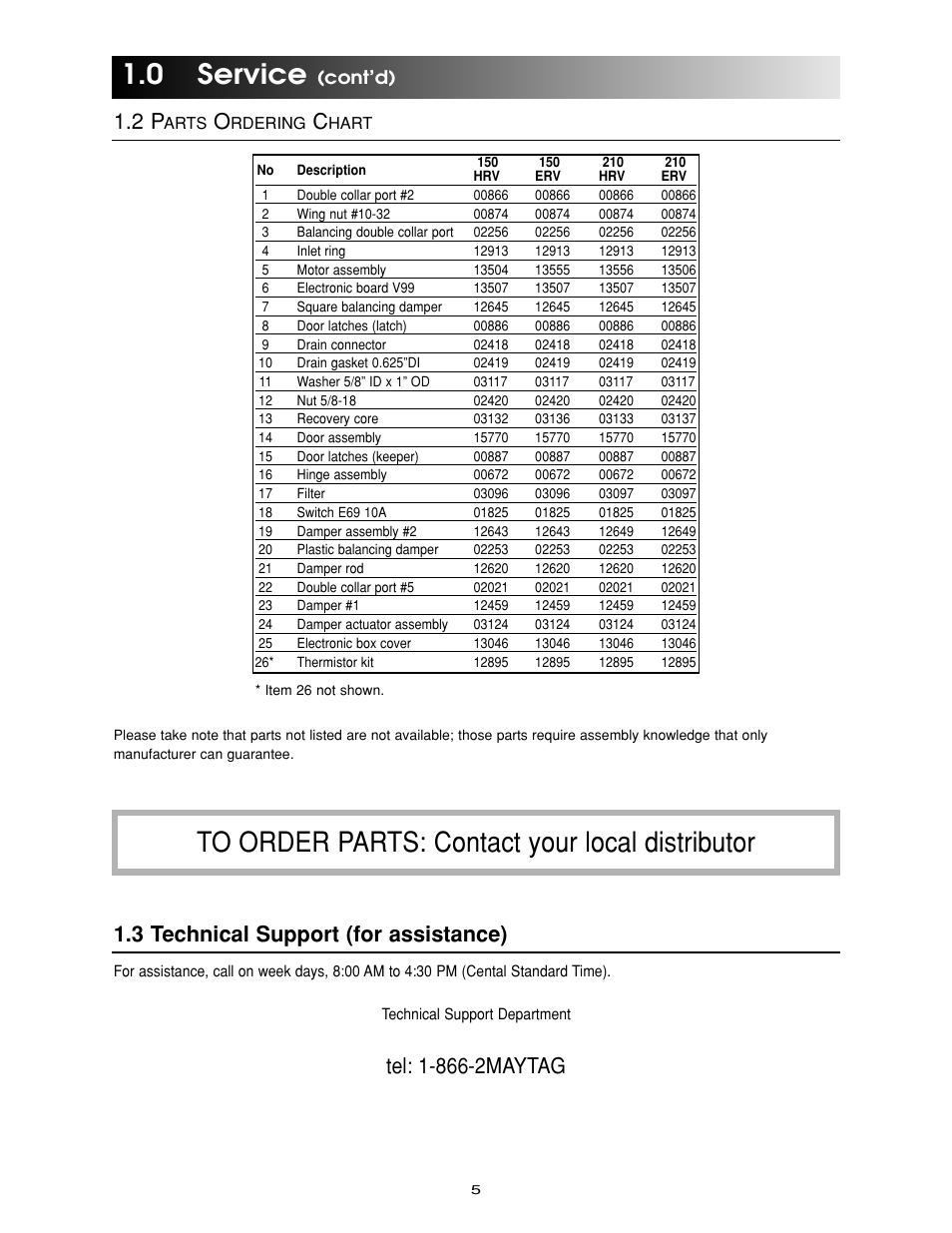 0 service, 3 technical support (for assistance), Cont’d) | Maytag Ventilation Systems HRV-210 User Manual | Page 5 / 32