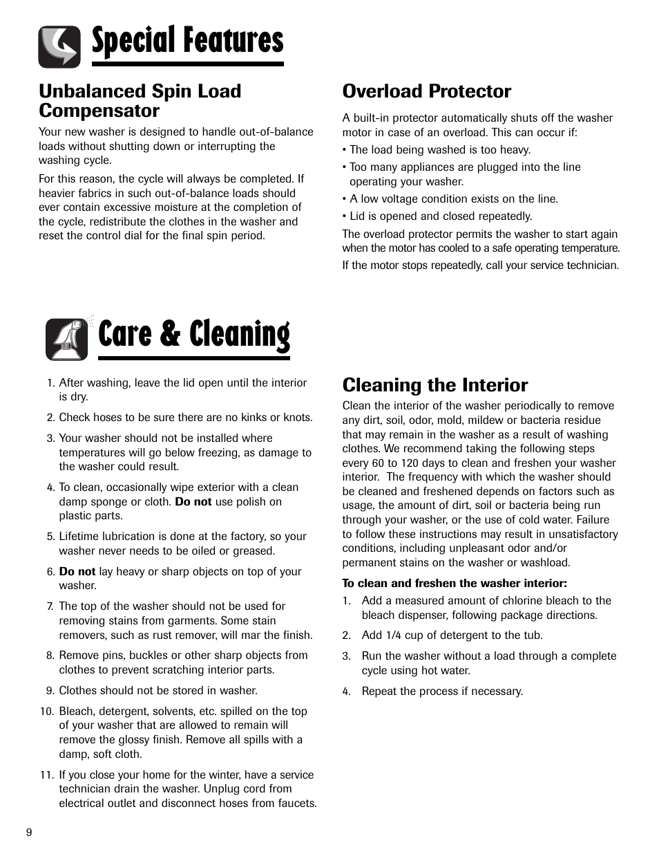 Special features, Care & cleaning, Unbalanced spin load compensator | Overload protector, Cleaning the interior | Maytag MAV408DAWW User Manual | Page 10 / 36