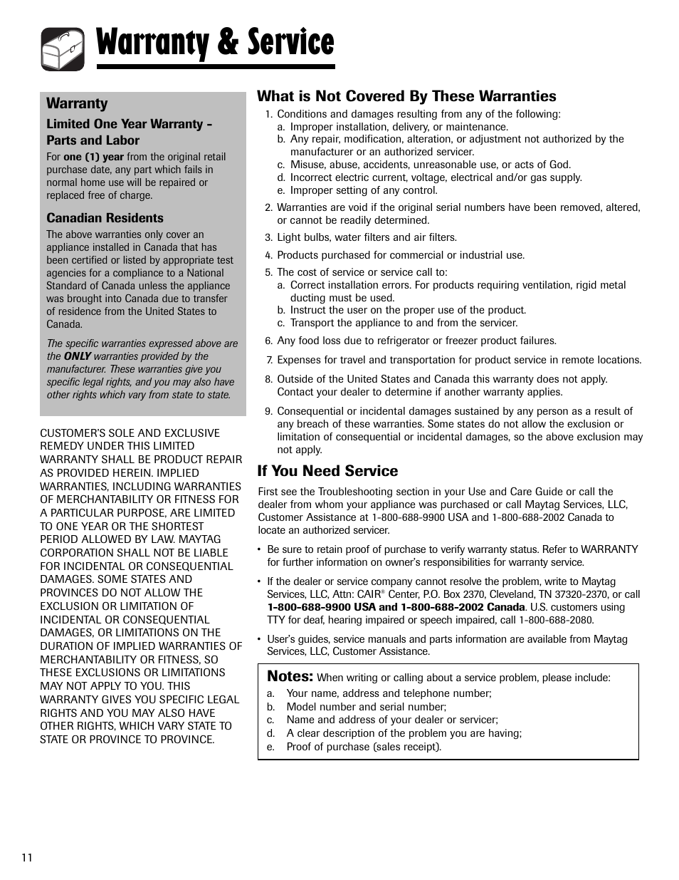 Warranty & service, Warranty, What is not covered by these warranties | If you need service, Limited one year warranty - parts and labor, Canadian residents | Maytag MAV408DAWW User Manual | Page 12 / 36