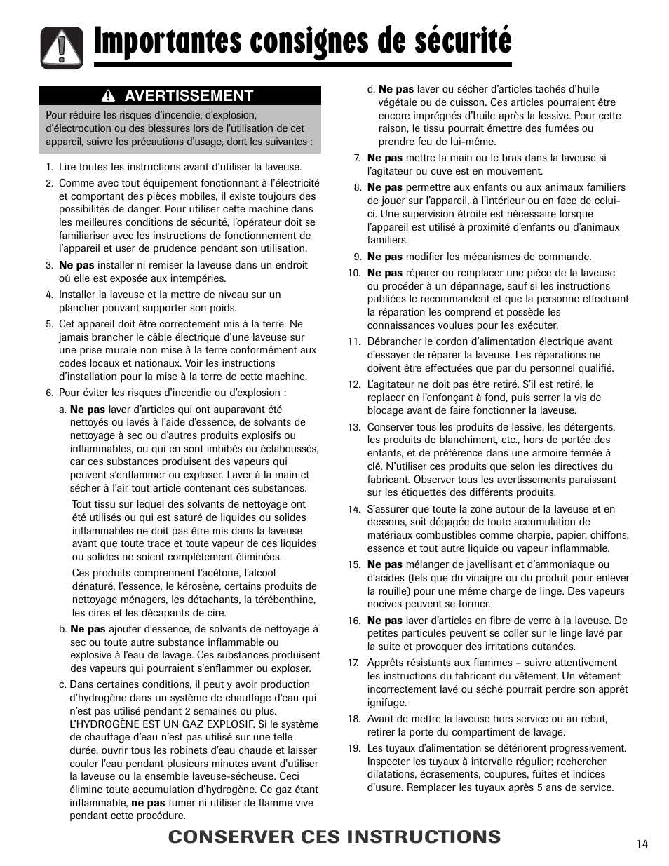 Importantes consignes de sécurité, Conserver ces instructions, Avertissement | Maytag MAV408DAWW User Manual | Page 15 / 36