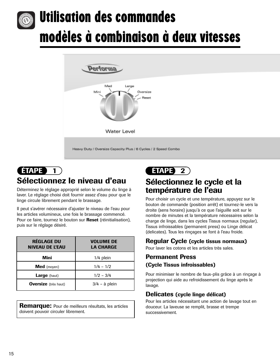 Sélectionnez le cycle et la température de l’eau, Sélectionnez le niveau d’eau, Étape 2 étape 1 | Regular cycle, Permanent press, Delicates, Remarque | Maytag MAV408DAWW User Manual | Page 16 / 36