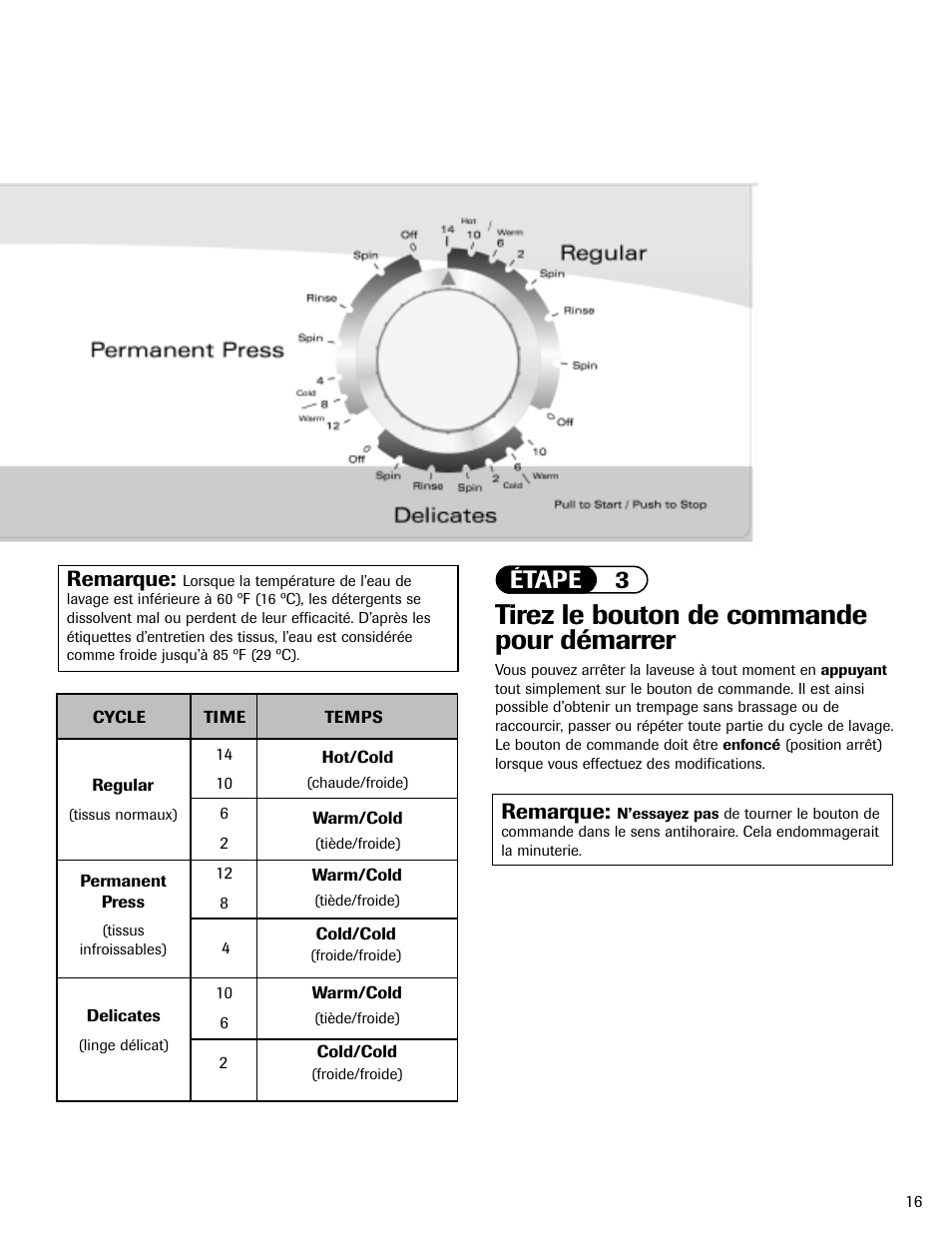 Tirez le bouton de commande pour démarrer, Étape 3, Remarque | Maytag MAV408DAWW User Manual | Page 17 / 36