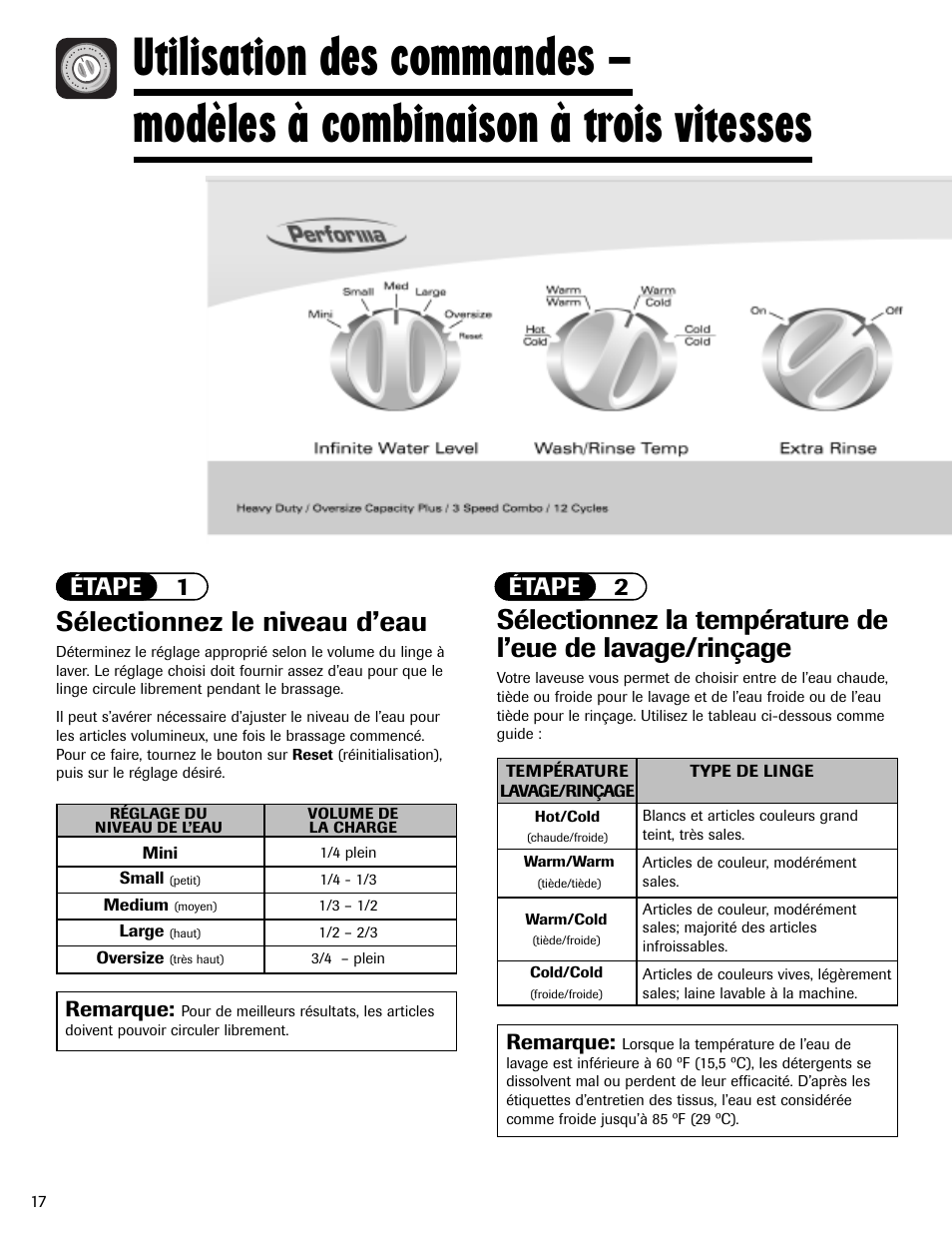 Sélectionnez le niveau d’eau, Étape 1 étape 2, Remarque | Maytag MAV408DAWW User Manual | Page 18 / 36