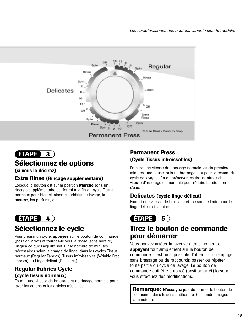 Tirez le bouton de commande pour démarrer, Sélectionnez le cycle, Sélectionnez de options | Étape 3 étape 4 étape 5 | Maytag MAV408DAWW User Manual | Page 19 / 36