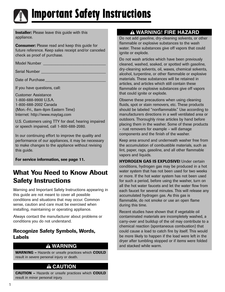 Important safety instructions, What you need to know about safety instructions, Warning | Caution, Recognize safety symbols, words, labels, Warning! fire hazard | Maytag MAV408DAWW User Manual | Page 2 / 36