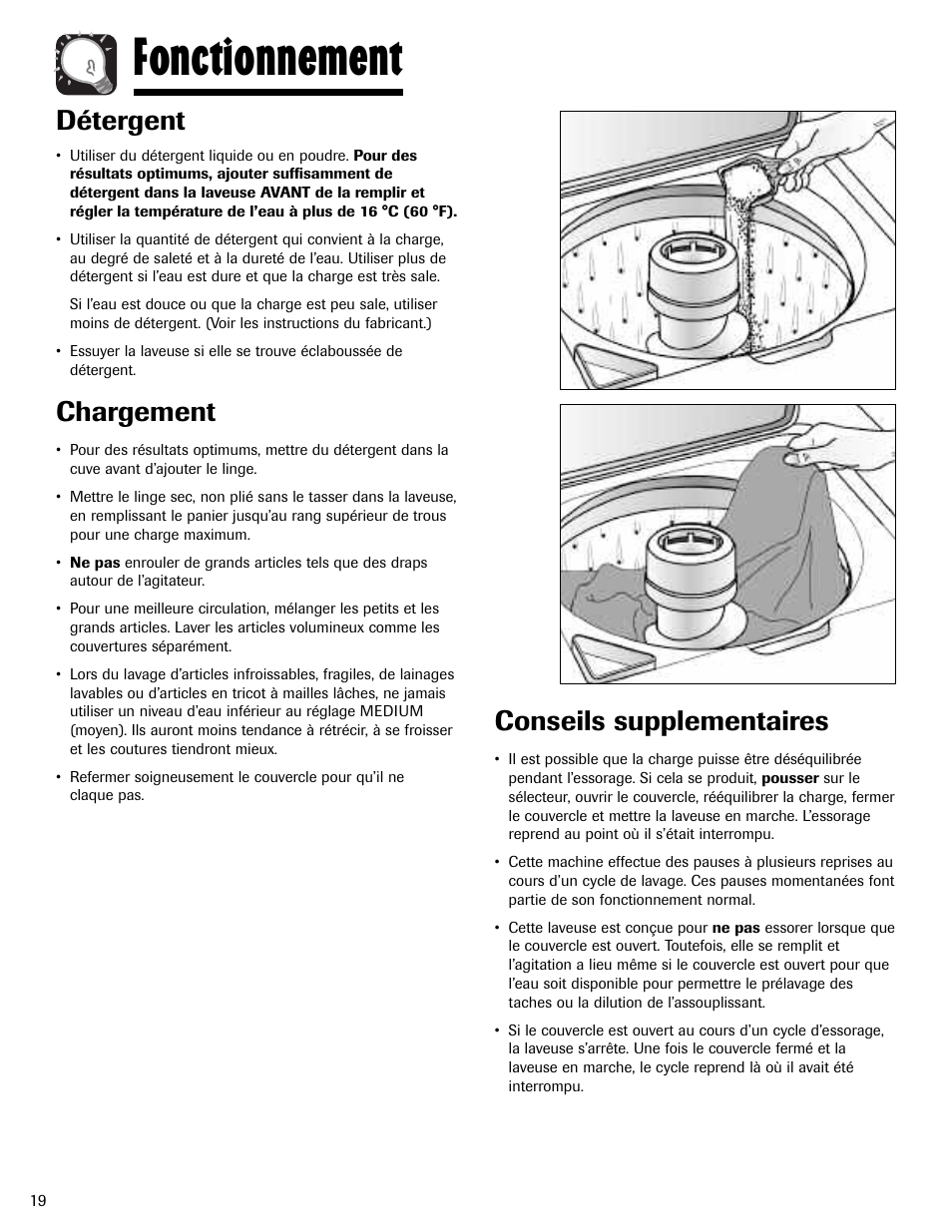 Fonctionnement, Détergent, Chargement | Conseils supplementaires | Maytag MAV408DAWW User Manual | Page 20 / 36