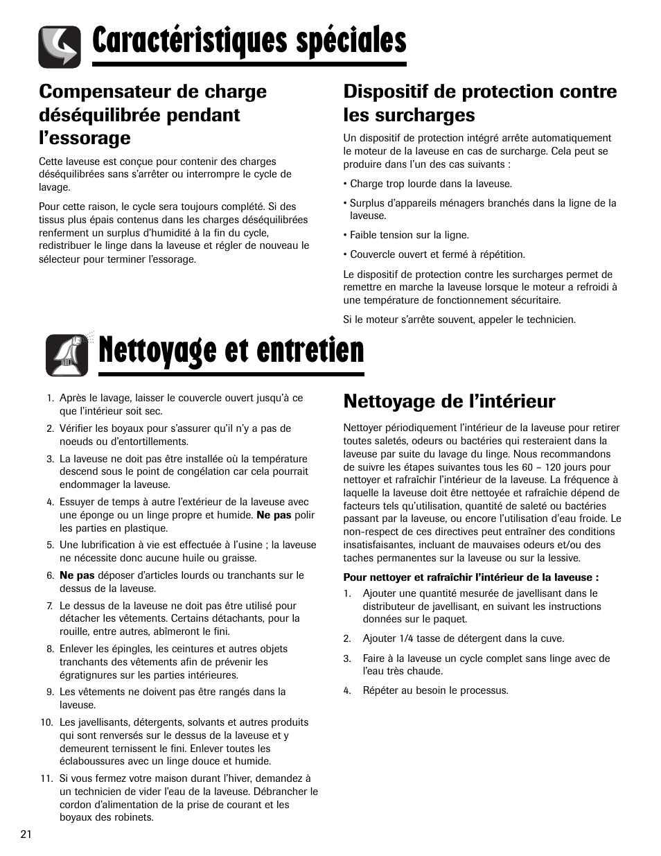 Caractéristiques spéciales, Nettoyage et entretien, Dispositif de protection contre les surcharges | Nettoyage de l’intérieur | Maytag MAV408DAWW User Manual | Page 22 / 36