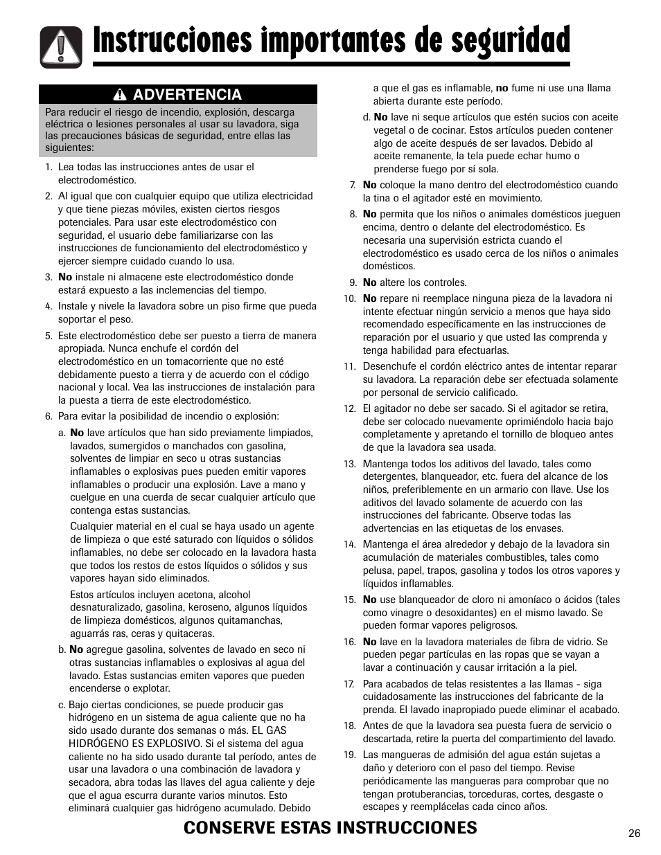 Instrucciones importantes de seguridad, Conserve estas instrucciones, Advertencia | Maytag MAV408DAWW User Manual | Page 27 / 36