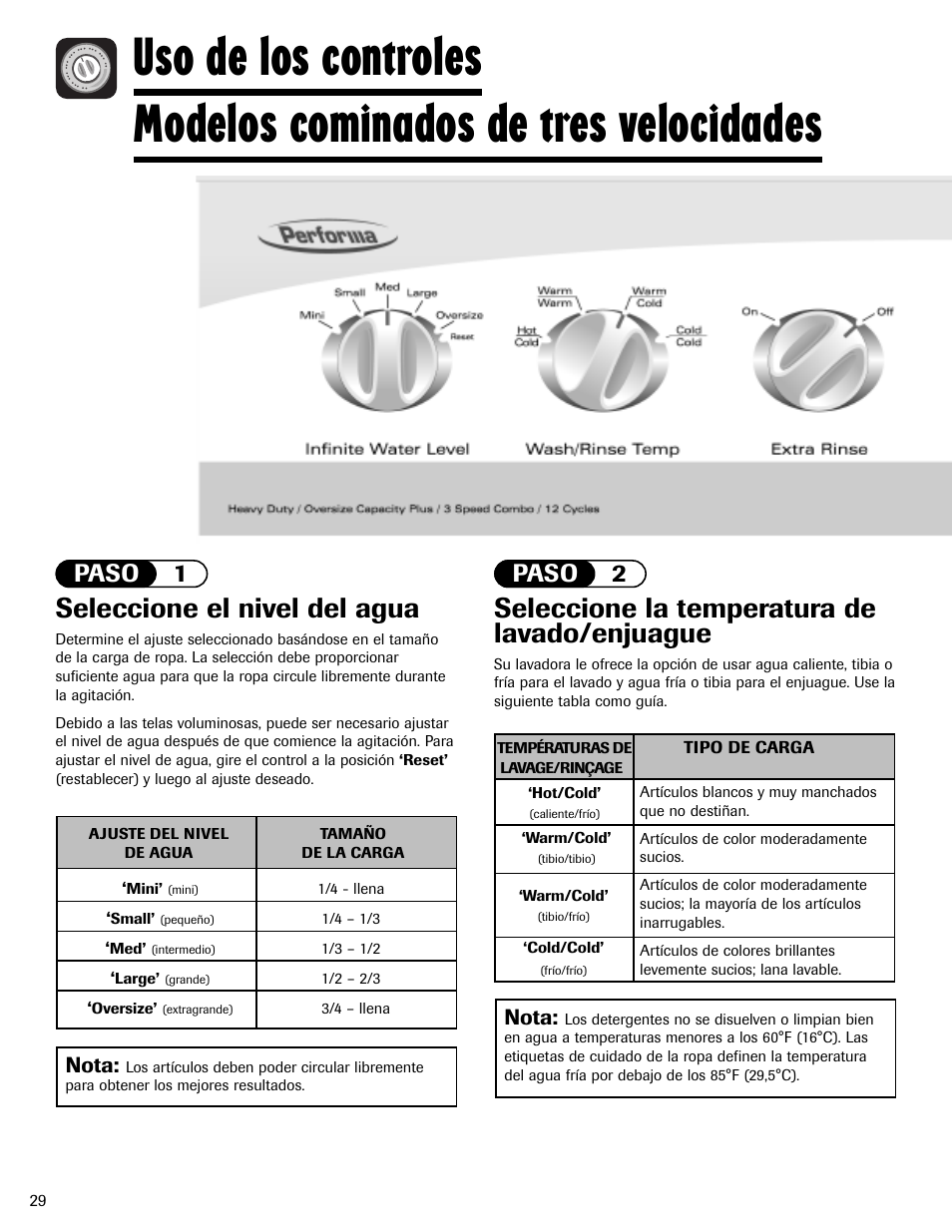 Seleccione el nivel del agua, Seleccione la temperatura de lavado/enjuague, Paso 1 paso 2 | Nota | Maytag MAV408DAWW User Manual | Page 30 / 36