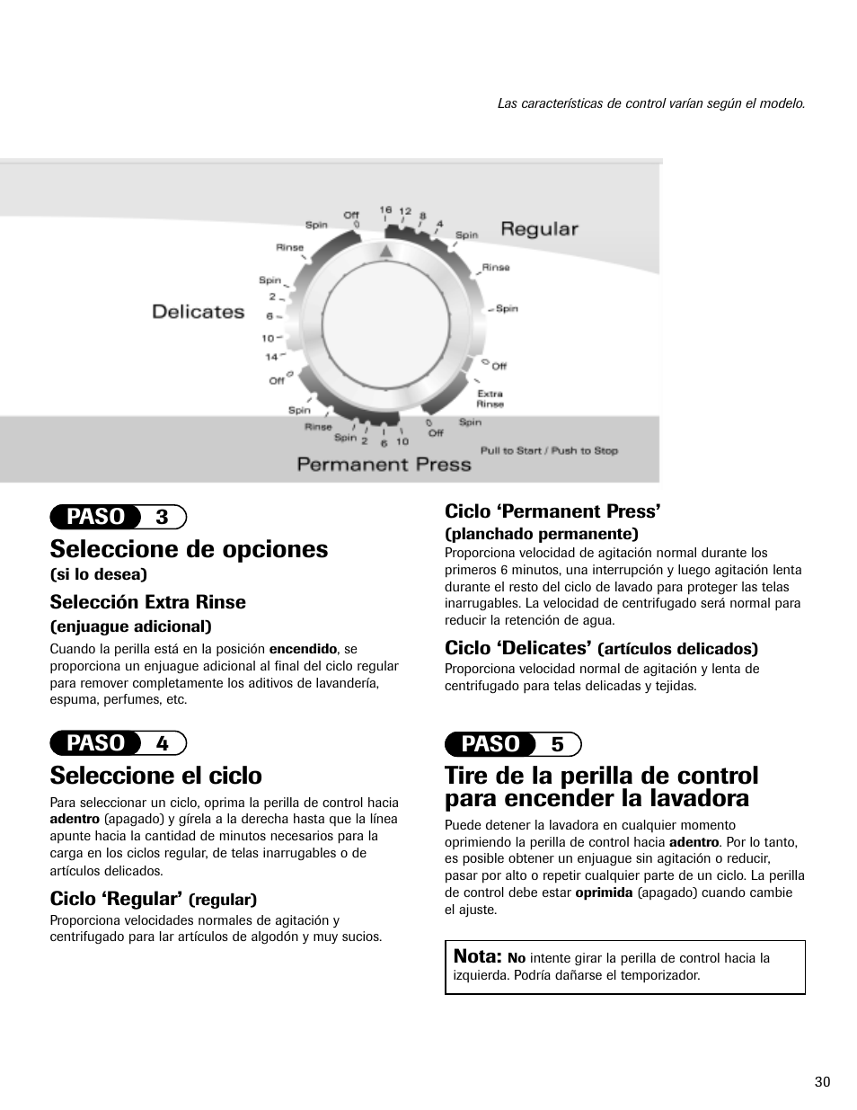 Seleccione de opciones, Seleccione el ciclo, Paso 3 paso 5 paso 4 | Maytag MAV408DAWW User Manual | Page 31 / 36