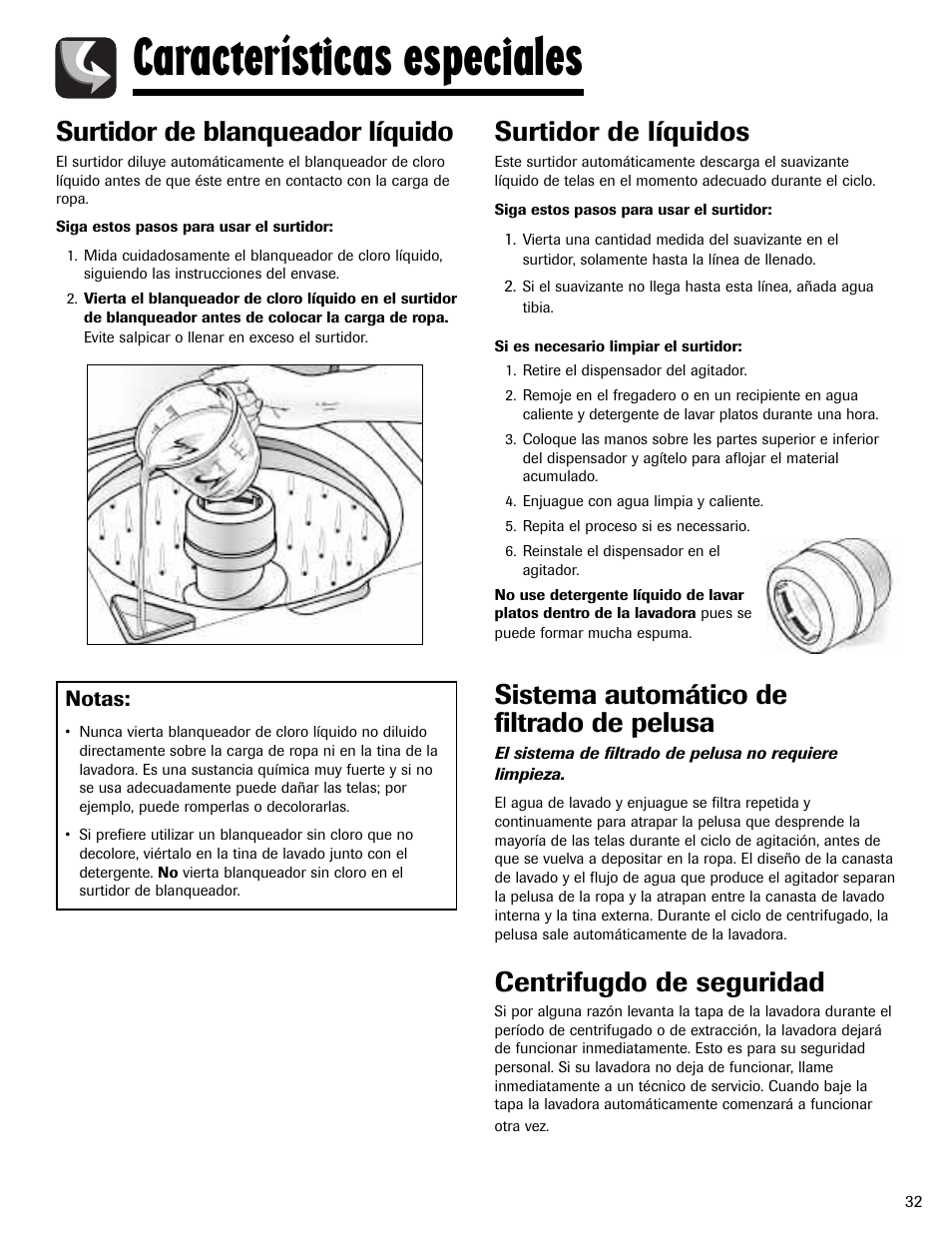 Características especiales, Surtidor de blanqueador líquido, Surtidor de líquidos | Sistema automático de filtrado de pelusa, Centrifugdo de seguridad, Notas | Maytag MAV408DAWW User Manual | Page 33 / 36