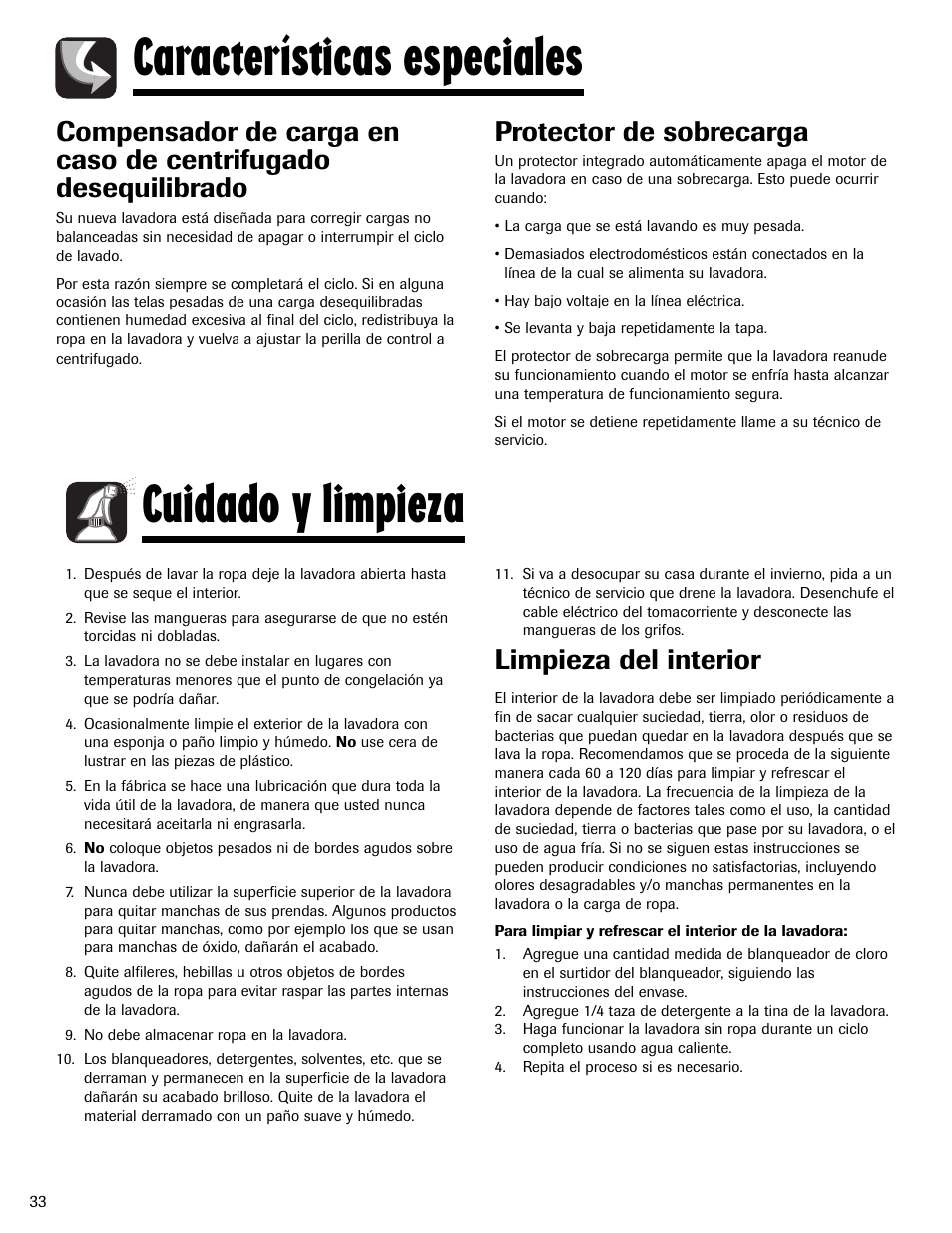 Características especiales, Cuidado y limpieza, Protector de sobrecarga | Limpieza del interior | Maytag MAV408DAWW User Manual | Page 34 / 36