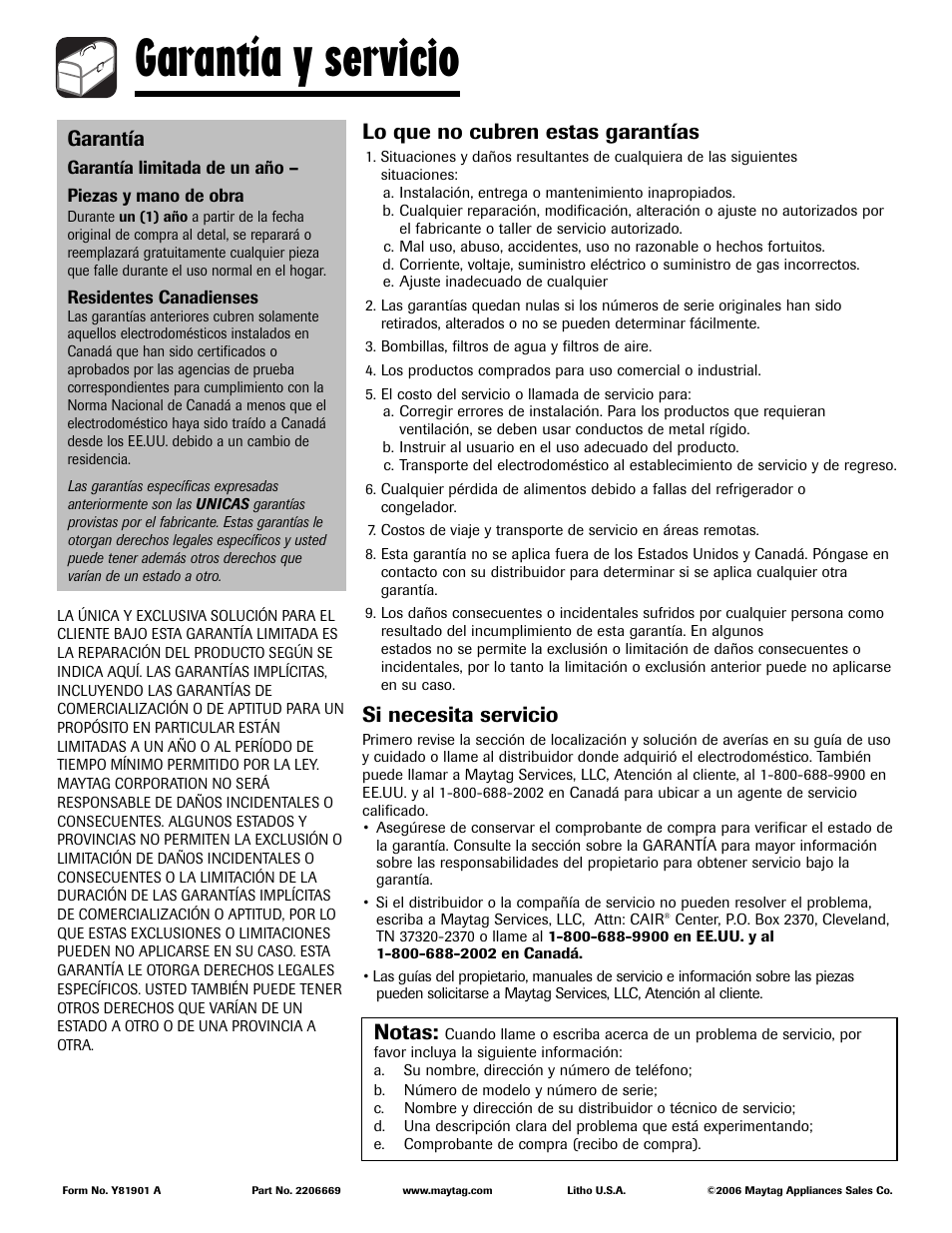 Garantía y servicio, Lo que no cubren estas garantías, Si necesita servicio | Garantía, Notas, Residentes canadienses | Maytag MAV408DAWW User Manual | Page 36 / 36