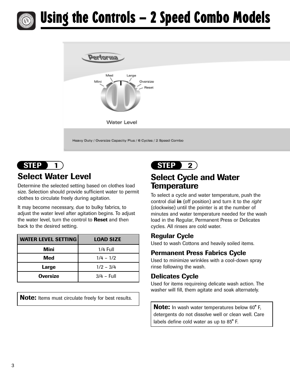 Using the controls – 2 speed combo models, Select water level, Select cycle and water temperature | Step 1 step 2, Regular cycle, Permanent press fabrics cycle, Delicates cycle | Maytag MAV408DAWW User Manual | Page 4 / 36