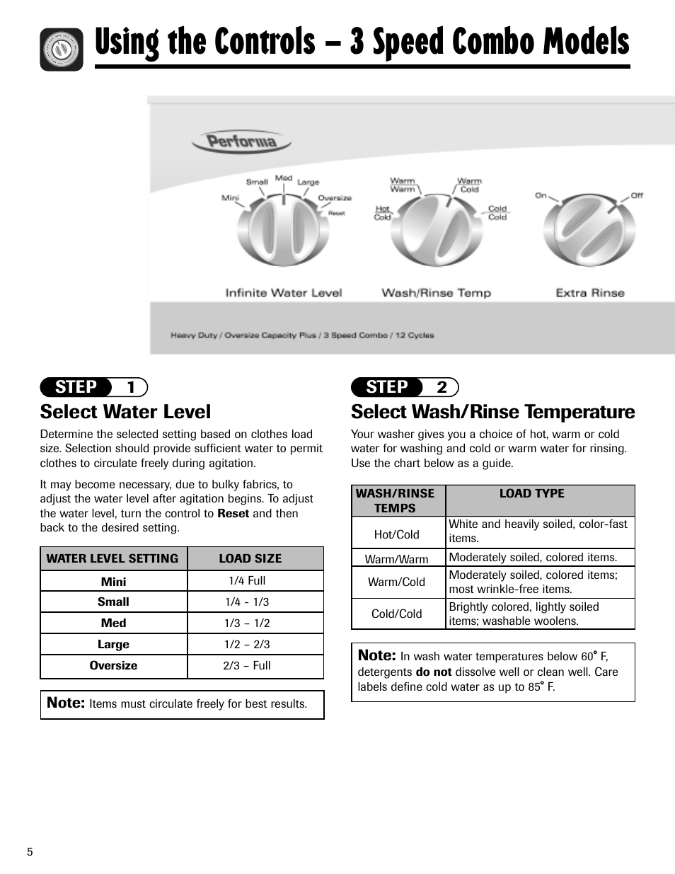 Using the controls – 3 speed combo models, Select water level, Select wash/rinse temperature | Step 1 step 2 | Maytag MAV408DAWW User Manual | Page 6 / 36